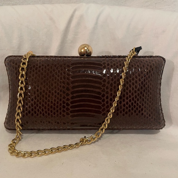 Handbags - Elegant Brown Leather Clutch with Gold Chain